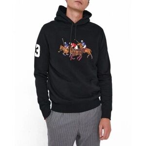 Polo Ralph Lauren Men Black Triple Pony Logo Fleece Hoodie Sweatshirt RL